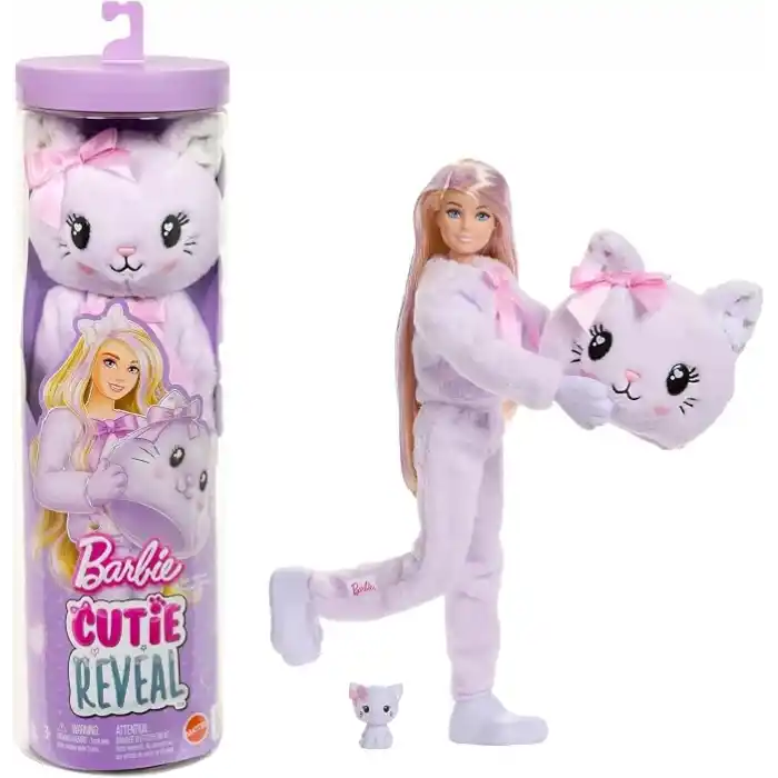 Barbie Cutie Reveal bebek ve aksesuarları, Yumuşak Dostlar Serisi kedicik, renk değişimi ve mini evcil hayvan dahil 10 sürpriz, JJP64