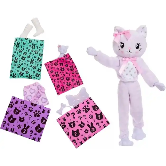 Barbie Cutie Reveal bebek ve aksesuarları, Yumuşak Dostlar Serisi kedicik, renk değişimi ve mini evcil hayvan dahil 10 sürpriz, JJP64