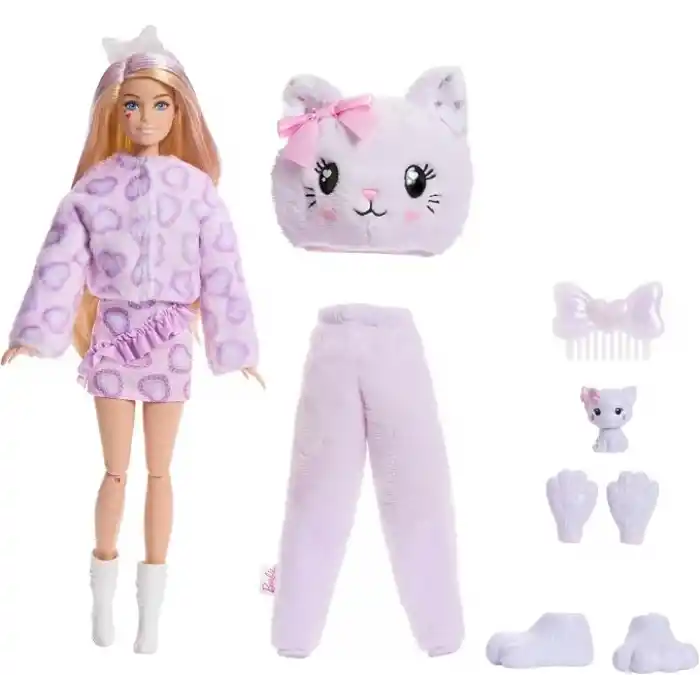 Barbie Cutie Reveal bebek ve aksesuarları, Yumuşak Dostlar Serisi kedicik, renk değişimi ve mini evcil hayvan dahil 10 sürpriz, JJP64