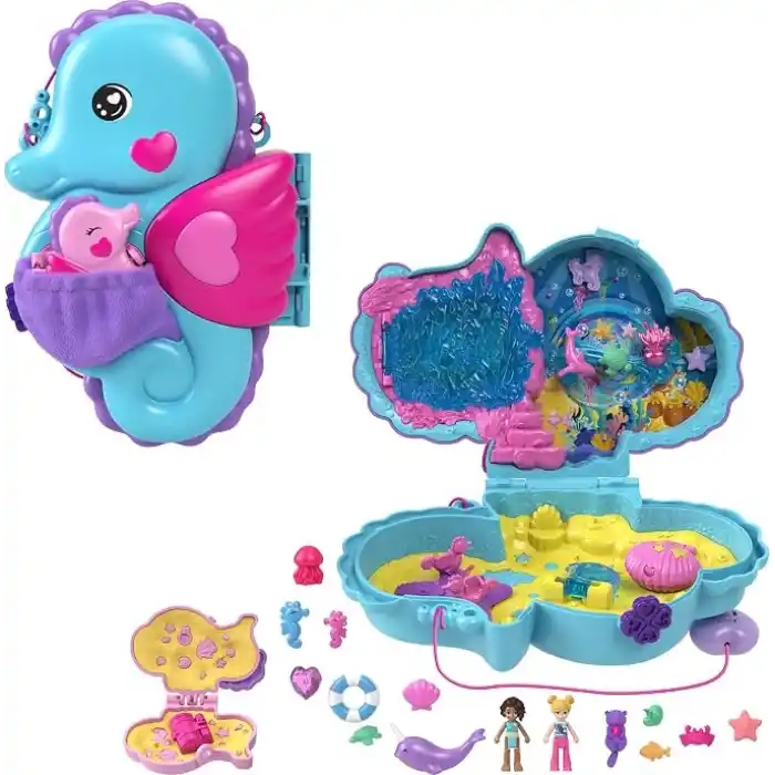 POLLY POCKET™ BABAM VE BEN™ denizatı çanta Polly Pocket Babam ve Ben denizatı çanta, 2 mikro bebek, evcil hayvanlar ve 13 aksesuar, 2si 1 arada çanta ve oyuncak ile Shani HWP03