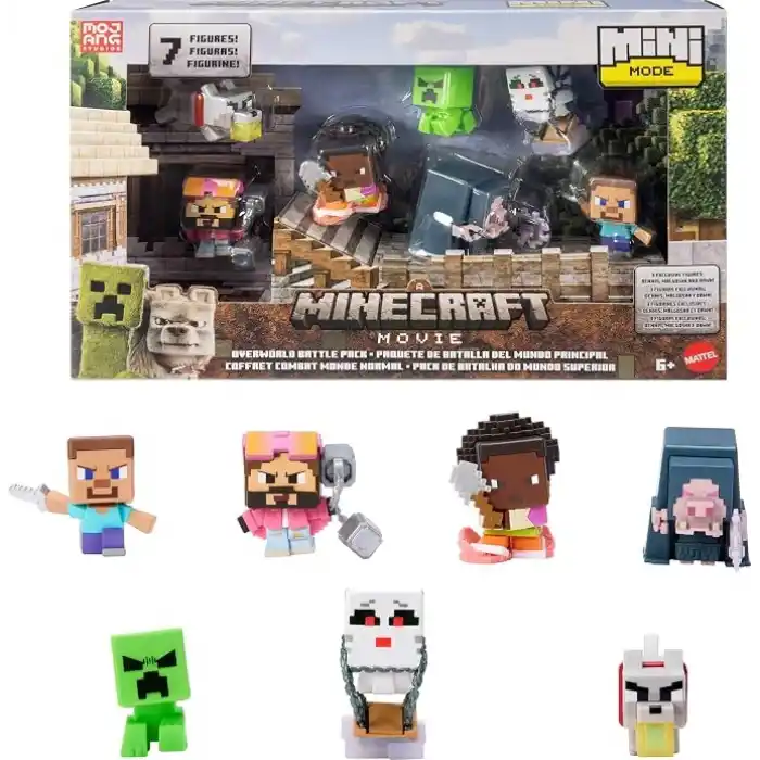 Mattel Minecraft oyuncak seti ve 7 mini aksiyon figürü, Bir Minecraft Filminden ilham alan Mini Mode Çoklu Paket, Steve ve 3 özel karakter, JFM37