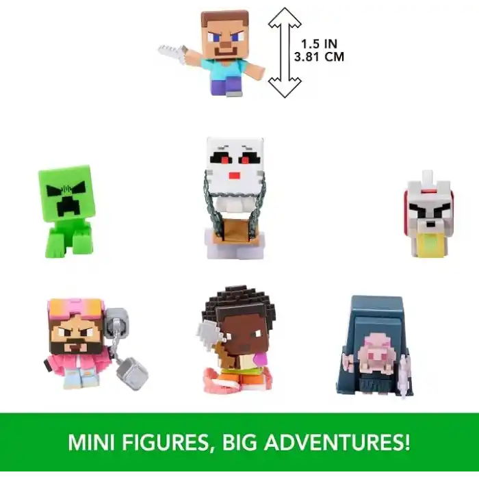 Mattel Minecraft oyuncak seti ve 7 mini aksiyon figürü, Bir Minecraft Filminden ilham alan Mini Mode Çoklu Paket, Steve ve 3 özel karakter, JFM37