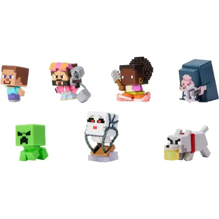 Mattel Minecraft oyuncak seti ve 7 mini aksiyon figürü, Bir Minecraft Filminden ilham alan Mini Mode Çoklu Paket, Steve ve 3 özel karakter, JFM37