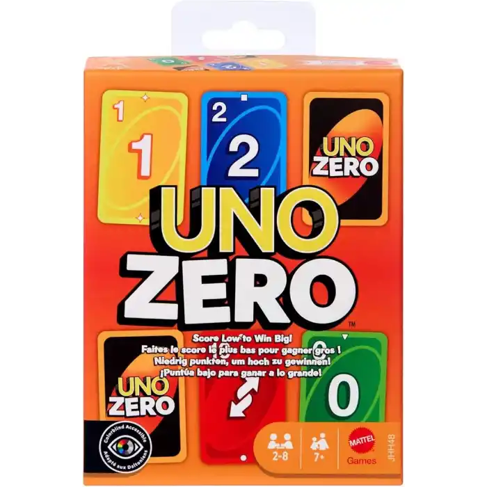 7 yaş ve üzeri çocuklar, yetişkinler, aileyle bir araya gelinen akşamlar, partiler ve seyahatler için 2-8 oyunculu Mattel UNO Zero kart oyunu, deste ve puan kartı, JHH48