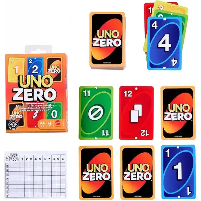 7 yaş ve üzeri çocuklar, yetişkinler, aileyle bir araya gelinen akşamlar, partiler ve seyahatler için 2-8 oyunculu Mattel UNO Zero kart oyunu, deste ve puan kartı, JHH48