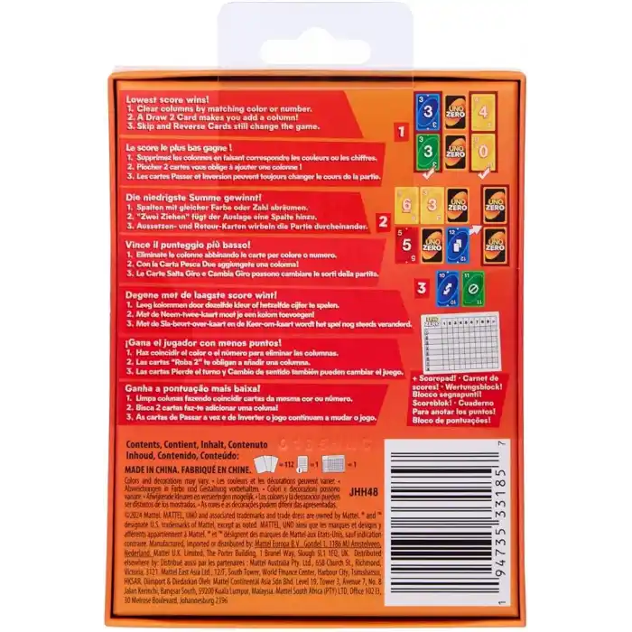 7 yaş ve üzeri çocuklar, yetişkinler, aileyle bir araya gelinen akşamlar, partiler ve seyahatler için 2-8 oyunculu Mattel UNO Zero kart oyunu, deste ve puan kartı, JHH48