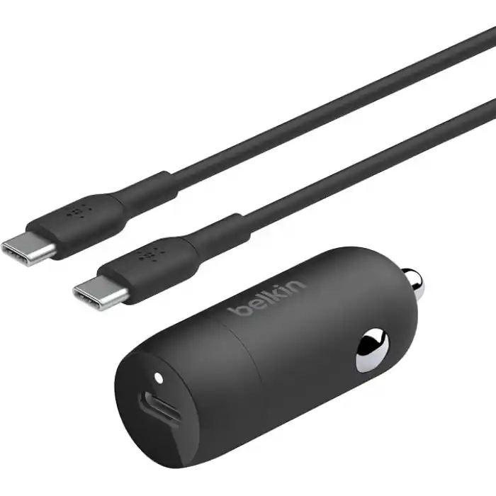 Belkin BoostCharge 30W Hızlı Araç Şarj Cihazı, USB-C Güç Dağıtım Portlu Kompakt Tasarım, USB-C - USB-C Kablosu Dahil, iPhone 16, 15, Galaxy S23, Note ve Daha Fazlası için Evrensel Uyumluluk - Siyah