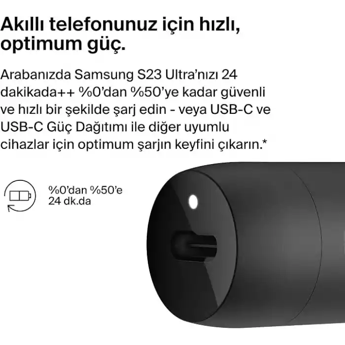 Belkin BoostCharge 30W Hızlı Araç Şarj Cihazı, USB-C Güç Dağıtım Portlu Kompakt Tasarım, USB-C - USB-C Kablosu Dahil, iPhone 16, 15, Galaxy S23, Note ve Daha Fazlası için Evrensel Uyumluluk - Siyah