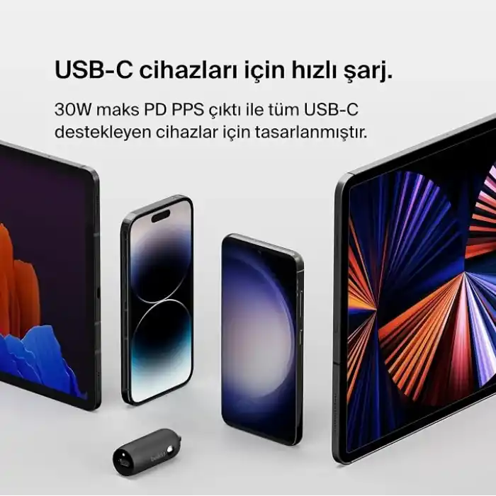 Belkin BoostCharge 30W Hızlı Araç Şarj Cihazı, USB-C Güç Dağıtım Portlu Kompakt Tasarım, USB-C - USB-C Kablosu Dahil, iPhone 16, 15, Galaxy S23, Note ve Daha Fazlası için Evrensel Uyumluluk - Siyah
