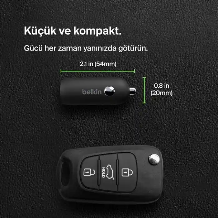 Belkin BoostCharge 30W Hızlı Araç Şarj Cihazı, USB-C Güç Dağıtım Portlu Kompakt Tasarım, USB-C - USB-C Kablosu Dahil, iPhone 16, 15, Galaxy S23, Note ve Daha Fazlası için Evrensel Uyumluluk - Siyah