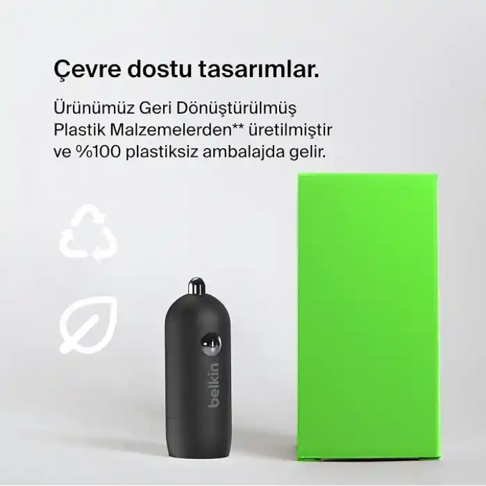Belkin BoostCharge 30W Hızlı Araç Şarj Cihazı, USB-C Güç Dağıtım Portlu Kompakt Tasarım, USB-C - USB-C Kablosu Dahil, iPhone 16, 15, Galaxy S23, Note ve Daha Fazlası için Evrensel Uyumluluk - Siyah