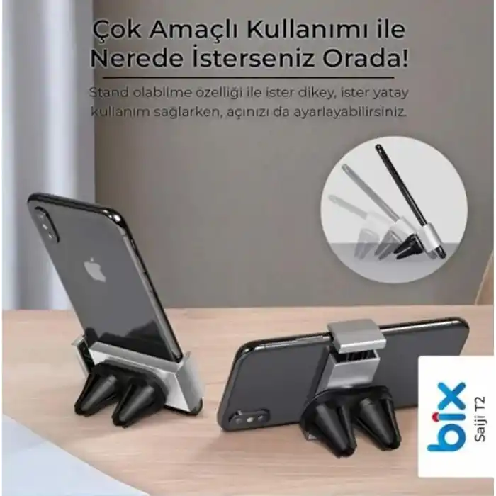 Bix Saiji T2 Araç İçi Telefon Tutucu Havalandırma Klipsli 360° Dönebilen Universal Uyumlu
