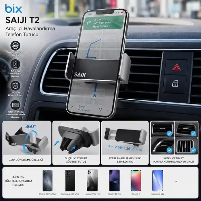 Bix Saiji T2 Araç İçi Telefon Tutucu Havalandırma Klipsli 360° Dönebilen Universal Uyumlu