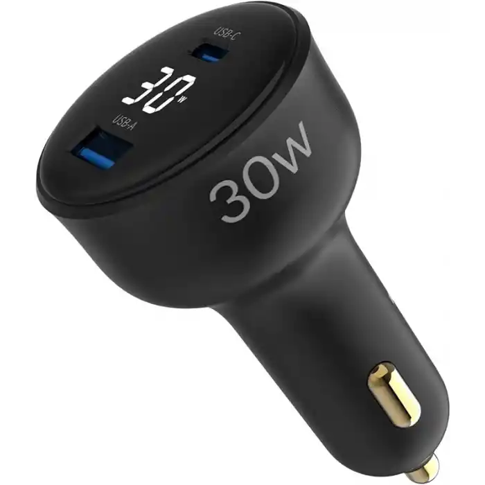 Juo 30W Led Ekranlı Type-C + USB-A Araç Şarj Aleti iPhone & Android & Tablet Araç içi Şarj Cihazı
