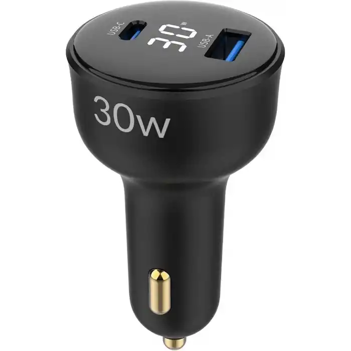 Juo 30W Led Ekranlı Type-C + USB-A Araç Şarj Aleti iPhone & Android & Tablet Araç içi Şarj Cihazı