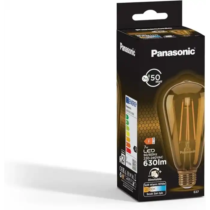 Panasonic E27 Dim Edilebilir Filaman ST64 Lamba 7W 630LM 2000K Gold
