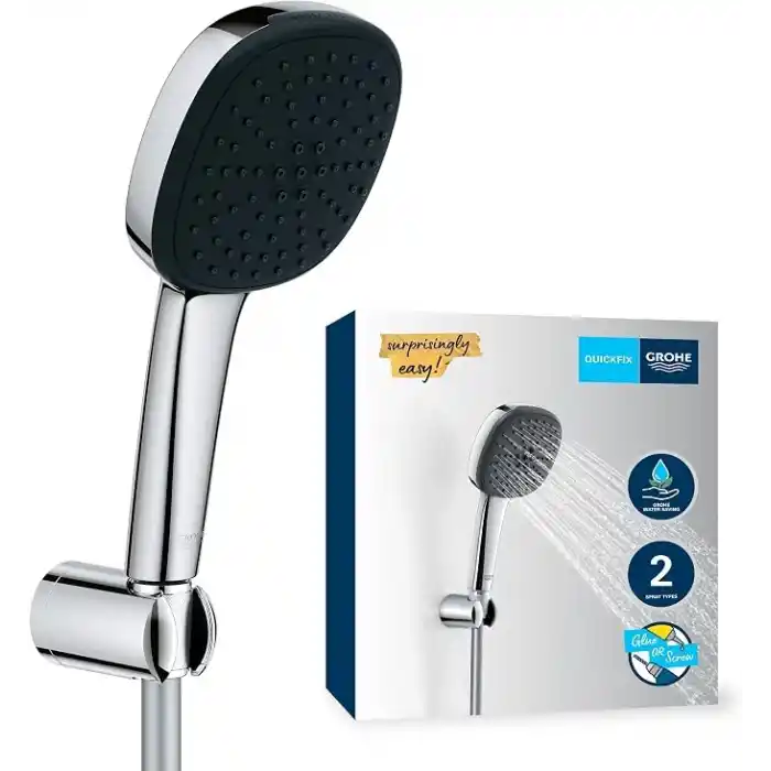 GROHE Vitalio Comfort 110 El Duşu Seti, 110mm Kare 2 Akışlı El Duşu, Duş Başlığı Tutucu, 1750mm Duş Hortumu, Duş Başlığı Seti, Krom, 26399001