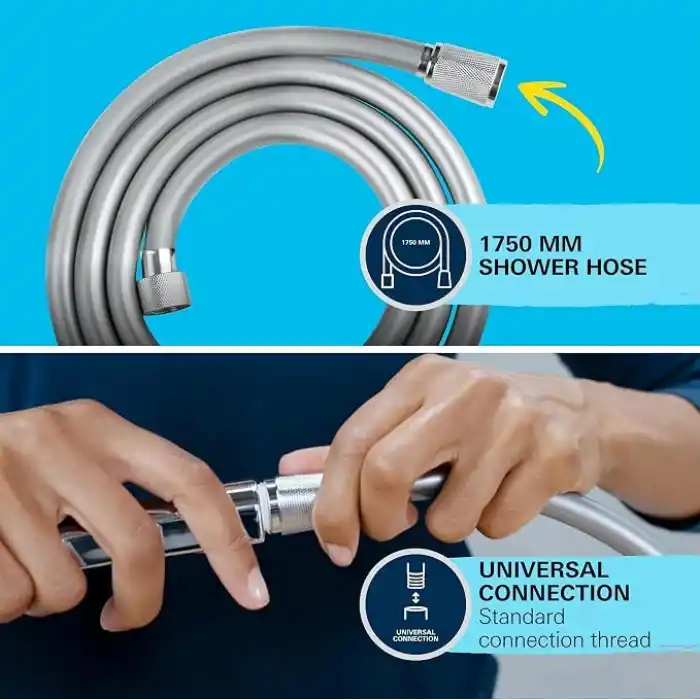 GROHE Vitalio Comfort 110 El Duşu Seti, 110mm Kare 2 Akışlı El Duşu, Duş Başlığı Tutucu, 1750mm Duş Hortumu, Duş Başlığı Seti, Krom, 26399001
