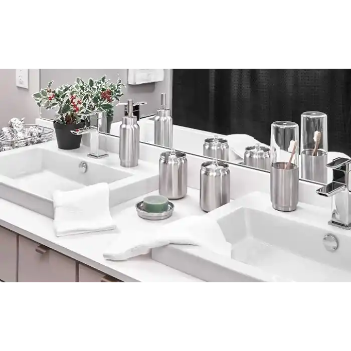 iDesign Austin diş fırçası tutucu, metal ve plastik, kapaklı diş fırçası standı, şeffaf/mat gümüş rengi