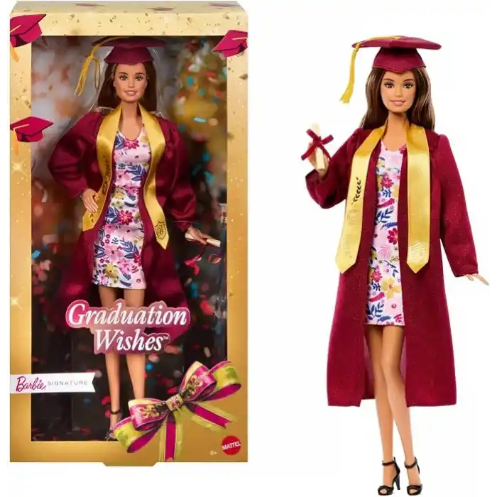 Hediye edilmeye hazır ambalajda bordo cübbesi ve püsküllü kepiyle koleksiyona uygun Barbie Signature Mezuniyet Dilekleri bebek, JJX81