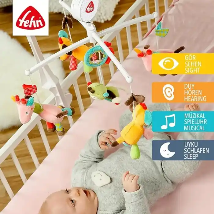 Fehn Müzik Mobil Safari - Sevimli Hayvanlı Bebek Uyku Yardımı - Bebek Mobil Müzik Kutusu Melodi - 0-5 Ay arası Bebekler için Müzik Mobil Bebek Yatağı Oyuncak