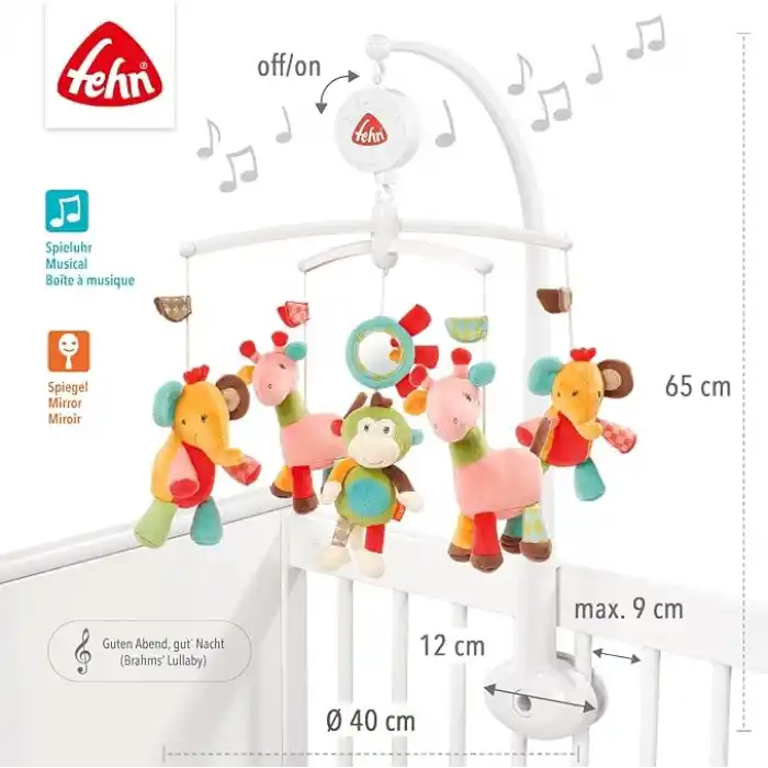 Fehn Müzik Mobil Safari - Sevimli Hayvanlı Bebek Uyku Yardımı - Bebek Mobil Müzik Kutusu Melodi - 0-5 Ay arası Bebekler için Müzik Mobil Bebek Yatağı Oyuncak