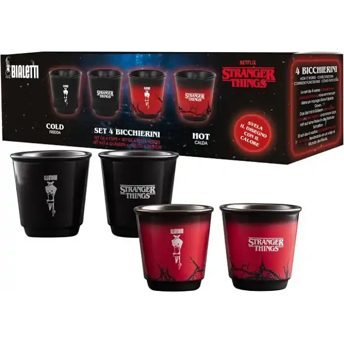 Bialetti Stranger Things 4lü Kahve Fincanı Seti, Isıya Duyarlı, Renk Değiştiren, Bulaşık Makinesinde Yıkanamaz - Her biri 80 ml, Siyah