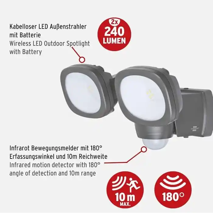 Brennenstuhl Pilli LED Spot Lamba LUFOS / Kablosuz LED Dış Mekan Spotu Pilli ve Hareket Sensörlü, 8 Adet LED Lamba, 2 x 240 Lümen, Dış Mekan için