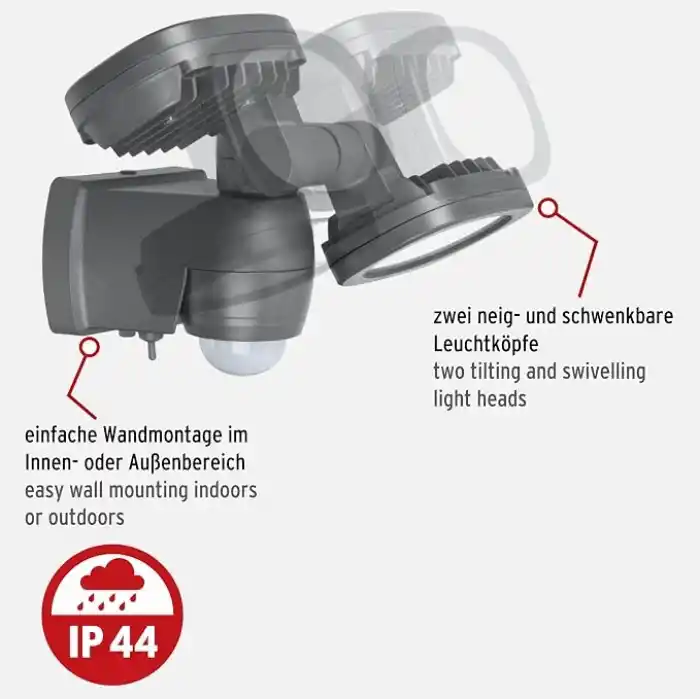 Brennenstuhl Pilli LED Spot Lamba LUFOS / Kablosuz LED Dış Mekan Spotu Pilli ve Hareket Sensörlü, 8 Adet LED Lamba, 2 x 240 Lümen, Dış Mekan için
