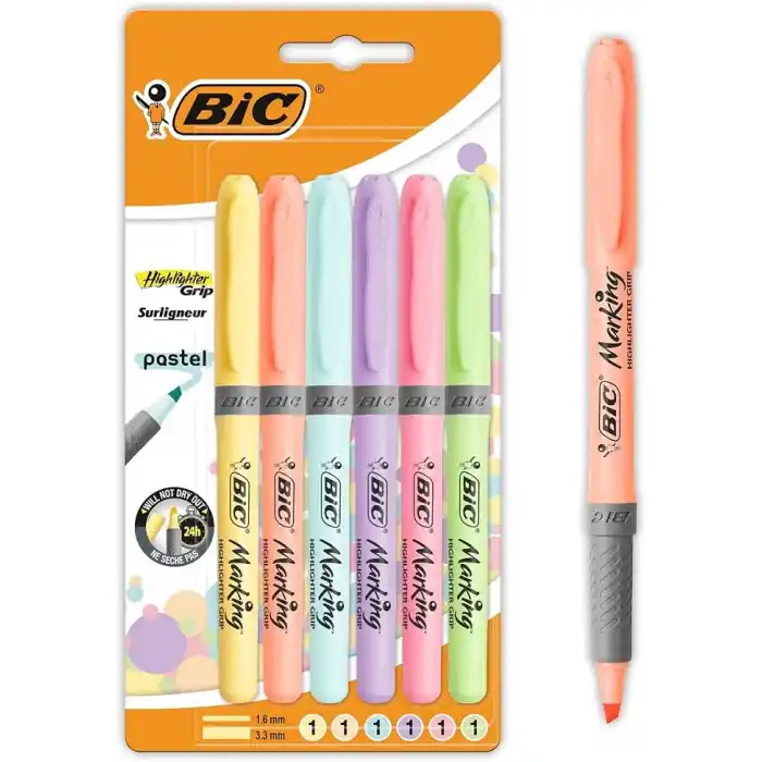 BIC Intensity Highlighter Grip Pastel Marker Fosforlu Kalem 6lı Blister, Su Bazlı Mürekkep, 6 Pastel Renk, Kauçuk Tutaçlı