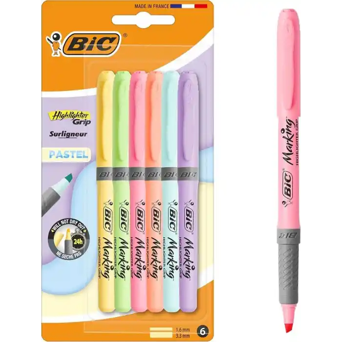 BIC Intensity Highlighter Grip Pastel Marker Fosforlu Kalem 6lı Blister, Su Bazlı Mürekkep, 6 Pastel Renk, Kauçuk Tutaçlı