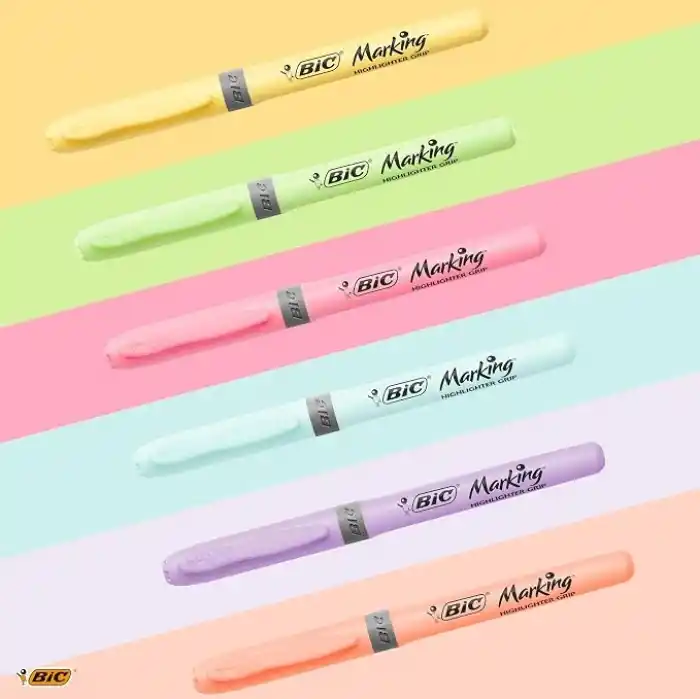 BIC Intensity Highlighter Grip Pastel Marker Fosforlu Kalem 6lı Blister, Su Bazlı Mürekkep, 6 Pastel Renk, Kauçuk Tutaçlı