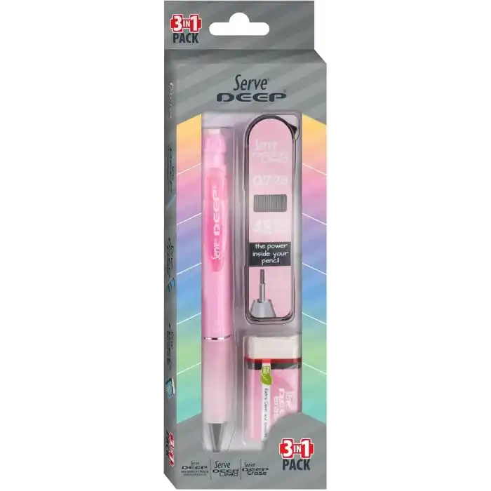 SERVE Deep Versatil Kalem, Silgi ve Kalem Ucu 0,7mm 3lü Set - Şeker Pembe