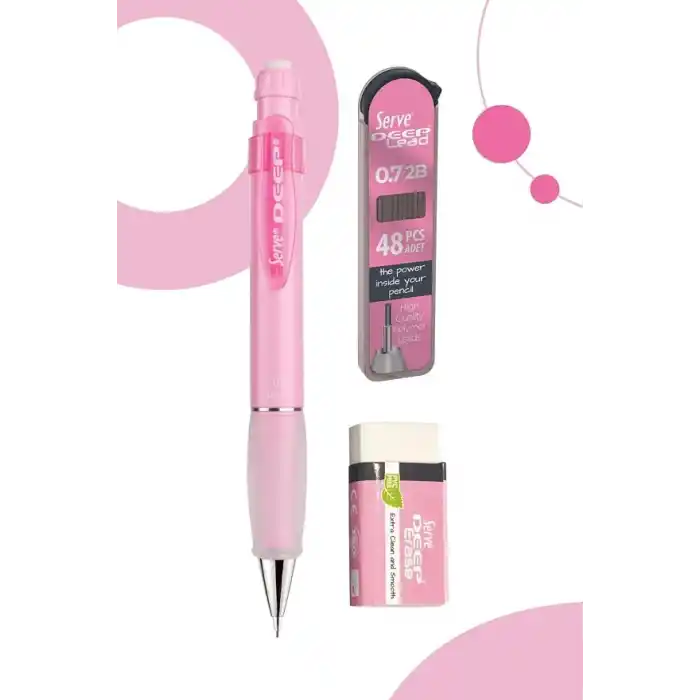 SERVE Deep Versatil Kalem, Silgi ve Kalem Ucu 0,7mm 3lü Set - Şeker Pembe