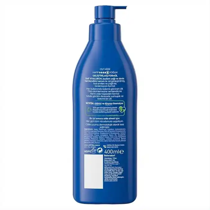 NIVEA Besleyici Vücut Sütü 400 ml, Kuru ve Çok Kuru Ciltler, 72 Saat Yoğun Nemlendirici,Badem Yağı