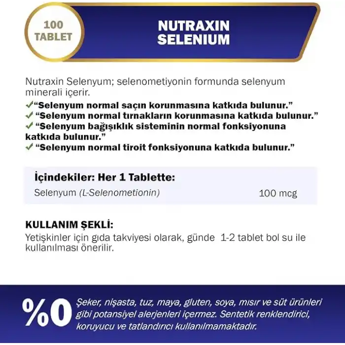 Nutraxin Vitals Selenium (L-Selenomethionine) 100 mcg 100 Kapsül Takviye Edici Gıda