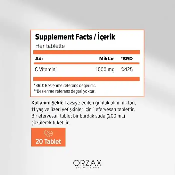 Orzax Efervit Vitamin C 1000 Mg 20 Eff Tablet