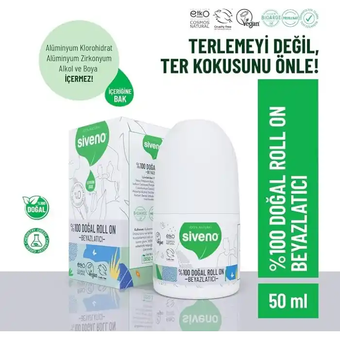 Siveno %100 Doğal Roll On Beyazlatıcı Etkili Deodorant Ter Kokusu Önleyici Bitkisel Lekesiz Vegan 50 ml