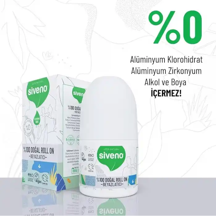 Siveno %100 Doğal Roll On Beyazlatıcı Etkili Deodorant Ter Kokusu Önleyici Bitkisel Lekesiz Vegan 50 ml