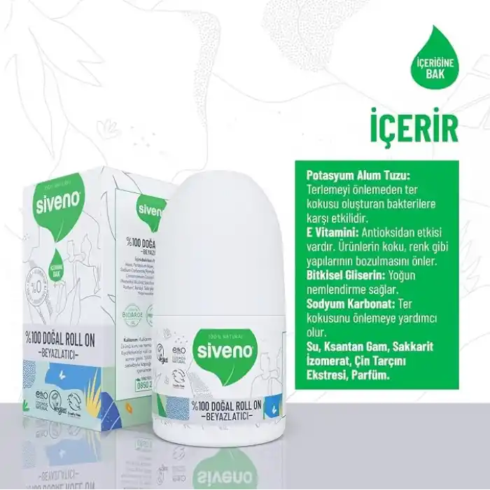 Siveno %100 Doğal Roll On Beyazlatıcı Etkili Deodorant Ter Kokusu Önleyici Bitkisel Lekesiz Vegan 50 ml