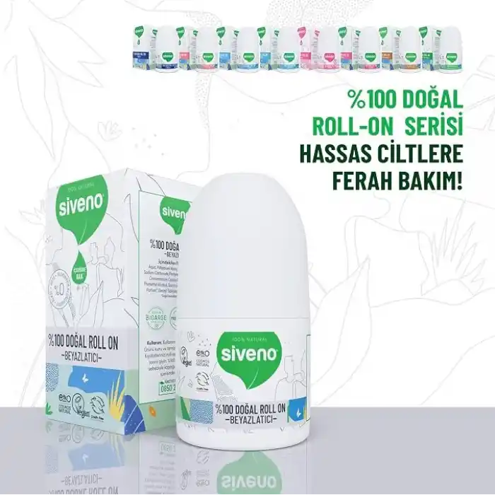 Siveno %100 Doğal Roll On Beyazlatıcı Etkili Deodorant Ter Kokusu Önleyici Bitkisel Lekesiz Vegan 50 ml