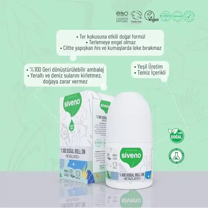 Siveno %100 Doğal Roll On Beyazlatıcı Etkili Deodorant Ter Kokusu Önleyici Bitkisel Lekesiz Vegan 50 ml