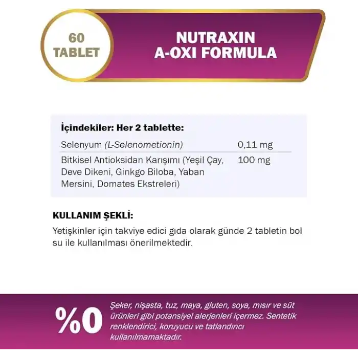 Nutraxin Plus A-Oxi Formula Glutathione + Astaxanthin 60 Tablet Takviye Edici Gıda