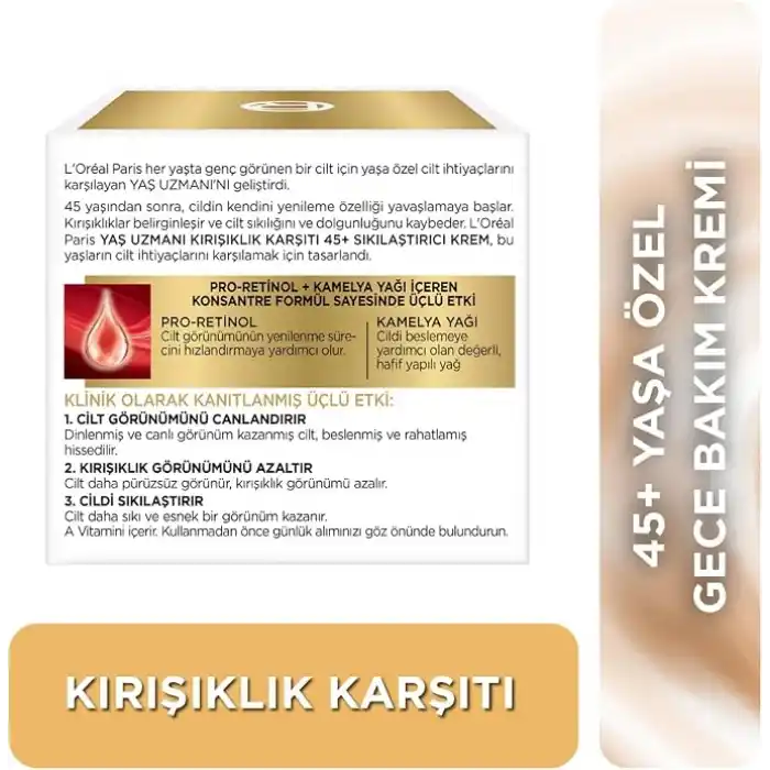 LOreal Paris Yaş Uzmanı 45+ Kırışıklık Karşıtı Sıkılaştırıcı Gece Kremi