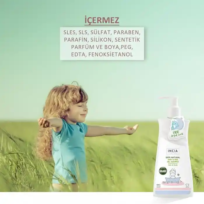INCIA%100 Doğal Organik Sertifikalı Bebek ve Çocuk Jel Şampuanı Saç Vücut Lavanta Konak Önleyici 350 ml