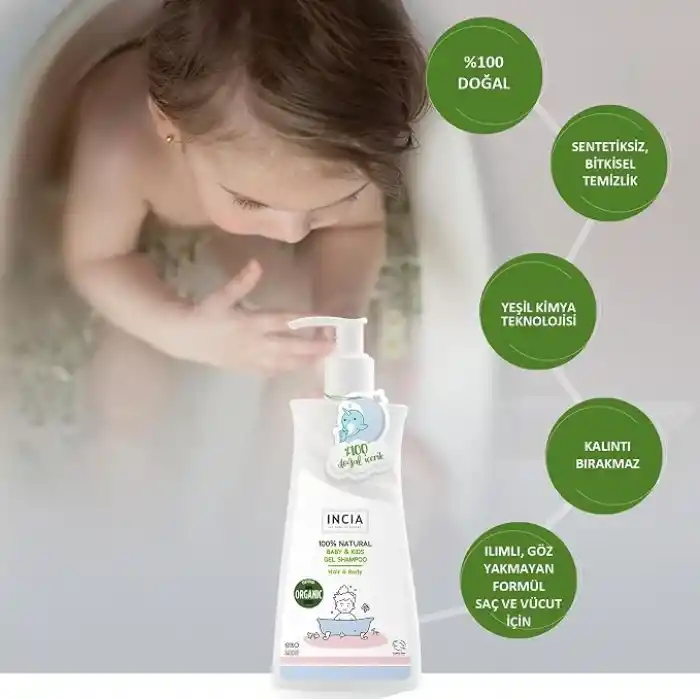 INCIA%100 Doğal Organik Sertifikalı Bebek ve Çocuk Jel Şampuanı Saç Vücut Lavanta Konak Önleyici 350 ml