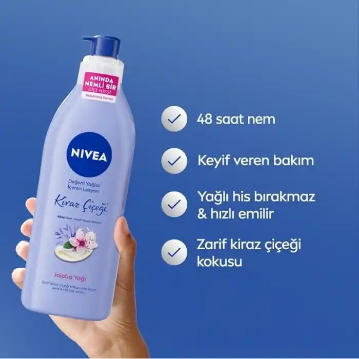 NIVEA Değerli Yağlar İçeren Vücut Losyonu Kiraz Çiçeği ve Jojoba Yağı, 400 ml,Tüm Ciltler,48 Saat Nemlendirici, Hızlı Emilir