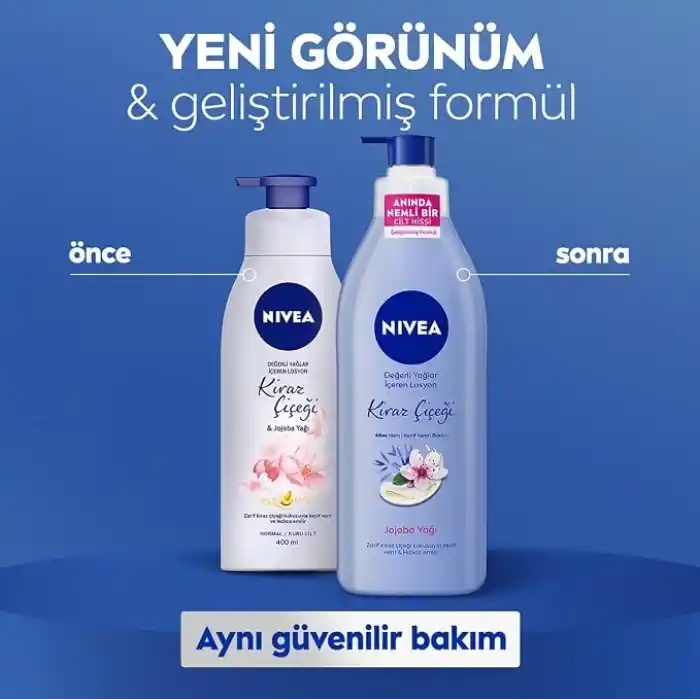 NIVEA Değerli Yağlar İçeren Vücut Losyonu Kiraz Çiçeği ve Jojoba Yağı, 400 ml,Tüm Ciltler,48 Saat Nemlendirici, Hızlı Emilir