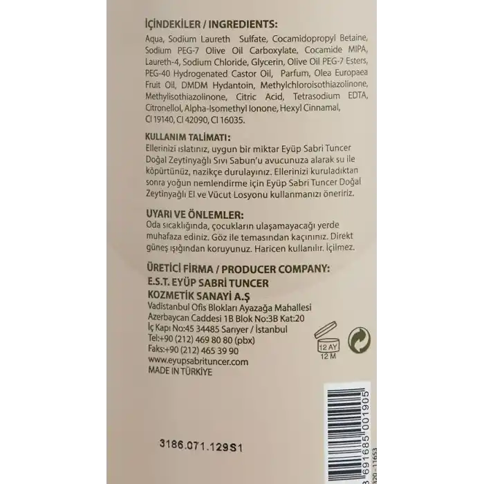 Eyüp Sabri Tuncer Doğal Zeytinyağli Sivi Sabun 750 ml Pet Şişe (1 x 750 ml)