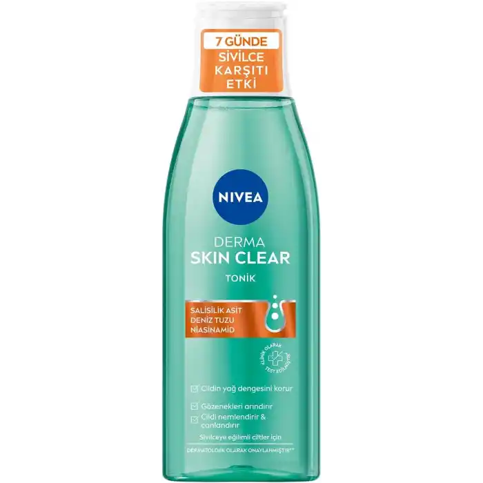 NIVEA Derma Skin Clear Sivilce Karşıtı Tonik 200ml,Gözenek Arındırıcı,Cildin Yağ Dengesini Korur,Nemlendirir,Salisilik Asit (BHA) Deniz Tuzu, Niasinamid,Sivilceye Eğilimli Ciltler